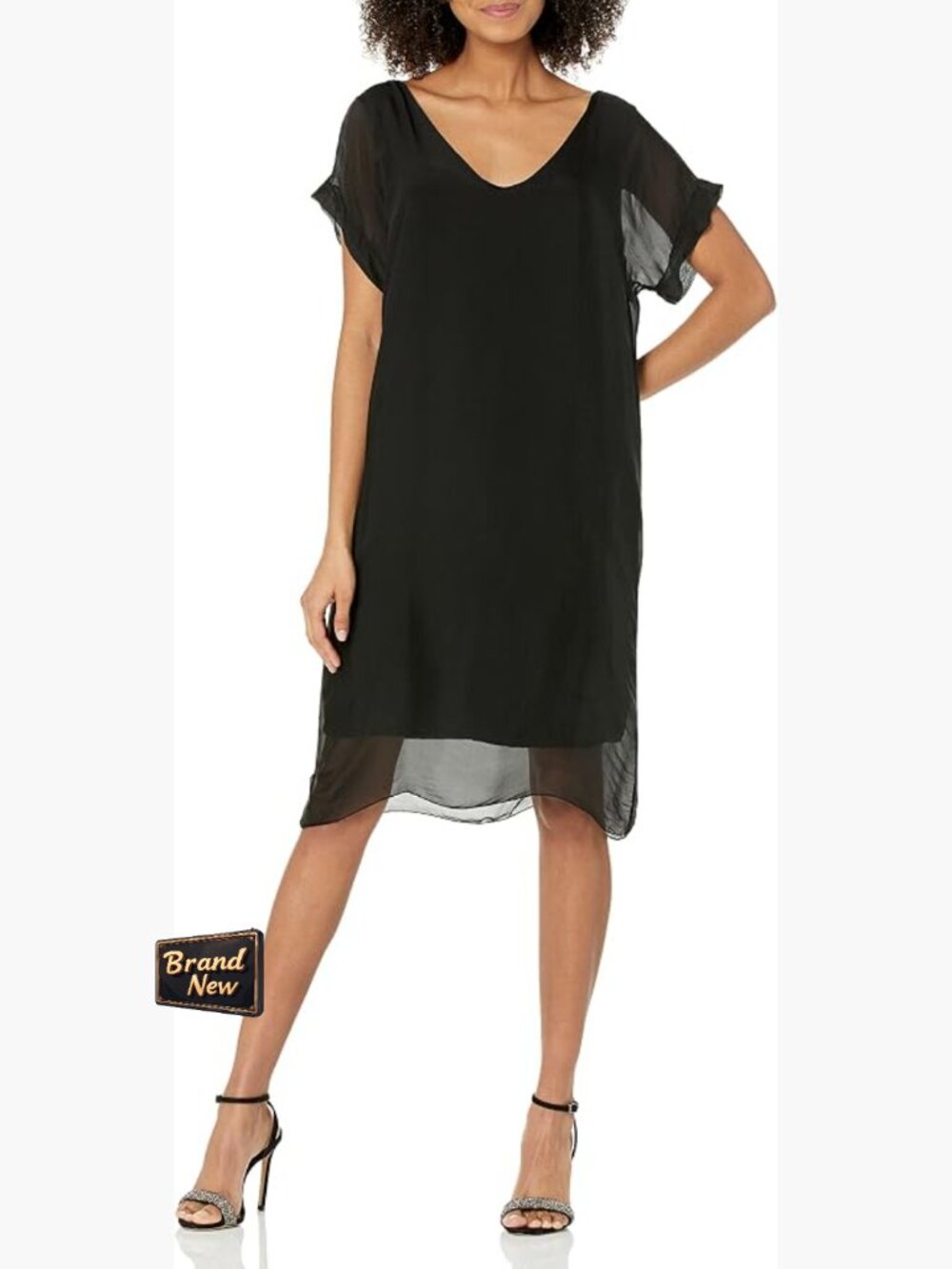 Elegant Silk Blend Shift Dress Short Sleeve V-Neck Lightweight